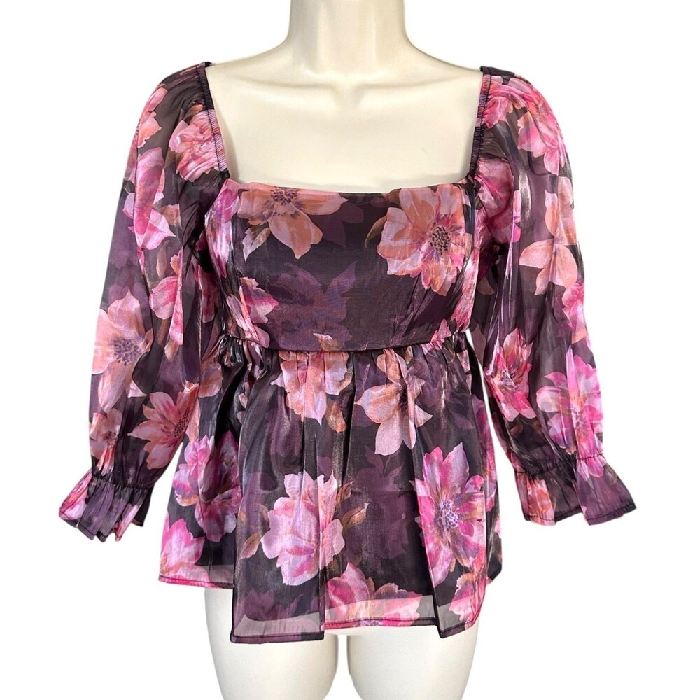 Thirty Thirty Junior's Babydoll Blouse Top Puff Sleeves Lined Size L Pink Floral